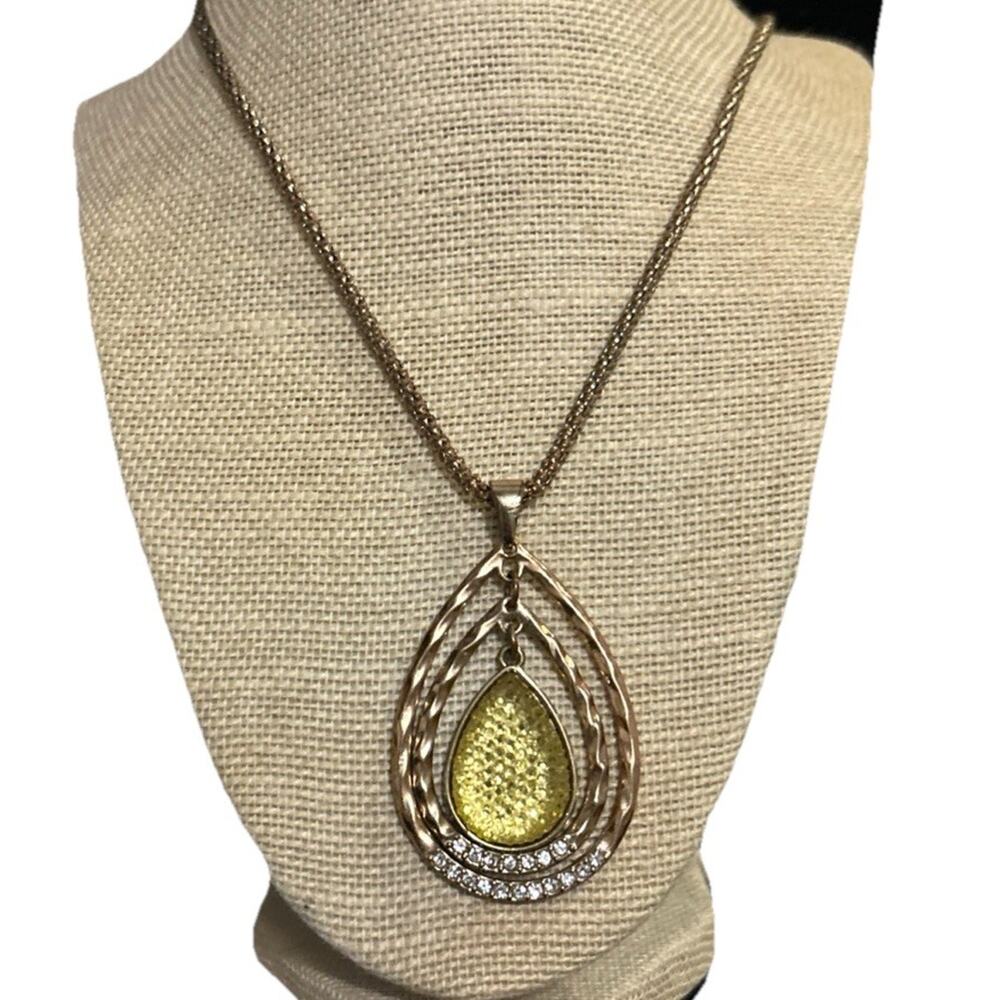 Vintage Boho Statement Necklace Large Teardrop Pendant Rhinestone Yellow Druzy